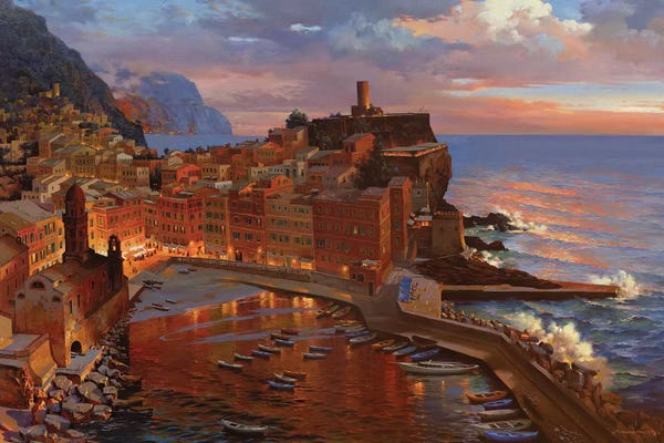 Illuminated Oil Paintings: Night Begin At Vernazza by Maher Morcos