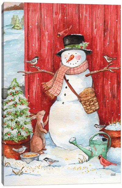 Snowman With Birds And Flurries Canvas Art Print