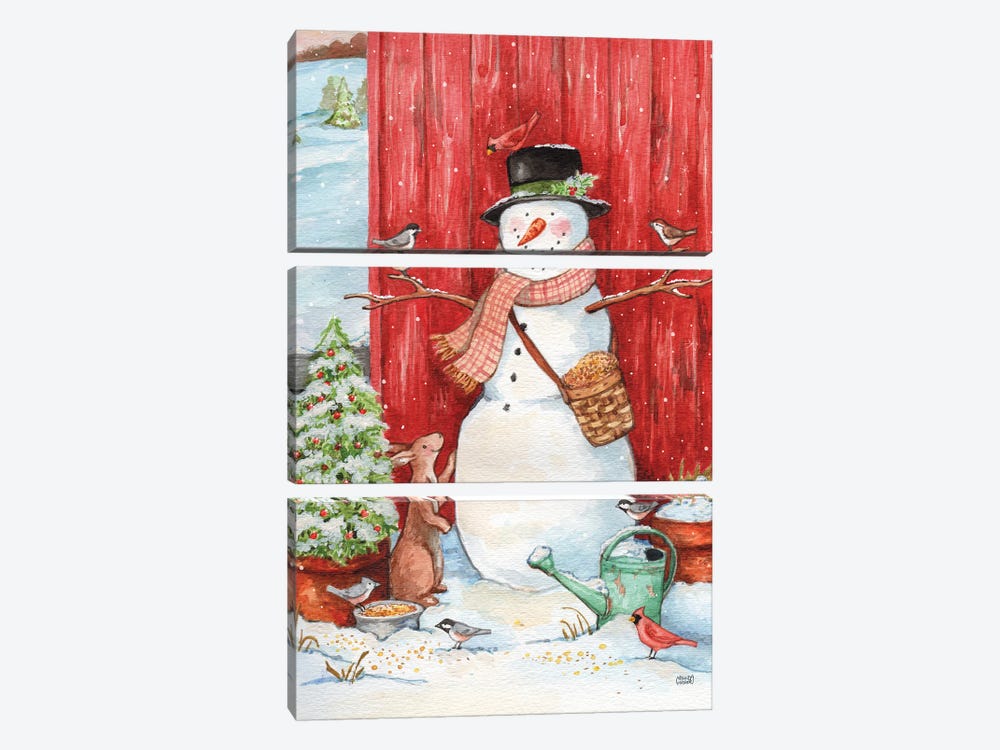 Snowman With Birds And Flurries by Melinda Hipsher 3-piece Canvas Print