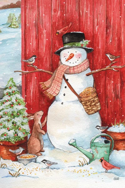 Rabbits: Snowman With Birds And Flurries by Melinda Hipsher