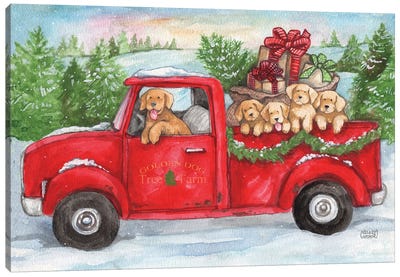 Goldens In Truck With Christmas Trees Canvas Art Print - Golden Retriever Art
