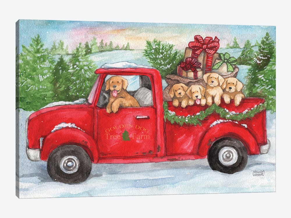 Goldens In Truck With Christmas Trees by Melinda Hipsher 1-piece Canvas Wall Art