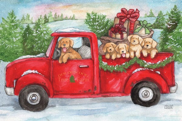 Christmas Animals: Goldens In Truck With Christmas Trees by Melinda Hipsher