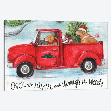 Red Truck With Dogs Christmas Woods Canvas Print #MHP6} by Melinda Hipsher Canvas Wall Art
