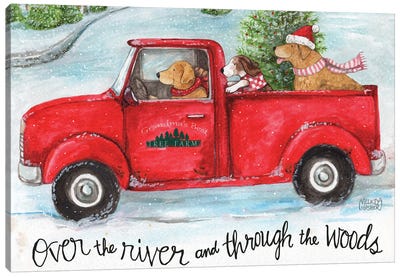 Red Truck With Dogs Christmas Woods Canvas Art Print - Labrador Retriever Art