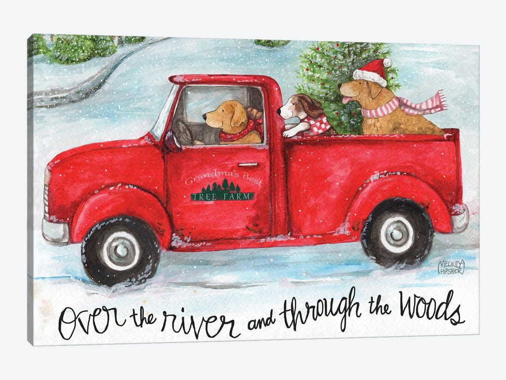 Red Truck With Dogs Christmas Woods by Melinda Hipsher 1-piece Canvas Print