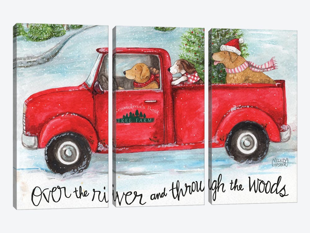 Red Truck With Dogs Christmas Woods by Melinda Hipsher 3-piece Canvas Art Print