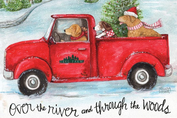 Christmas Animals: Red Truck With Dogs Christmas Woods by Melinda Hipsher