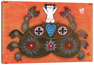 Folk Blessings - Crab Canvas Art Print - Orange & Teal