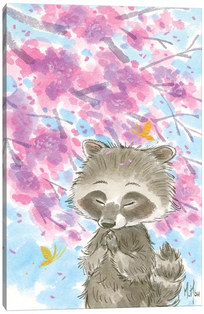 Cherry Blossom Raccoon Canvas Art Print - Raccoon Art