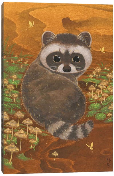 Raccoon And Mushrooms Canvas Art Print - Vegetable Art