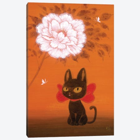 Black Kitty and Peony Canvas Print #MHS164} by Martin Hsu Canvas Art Print