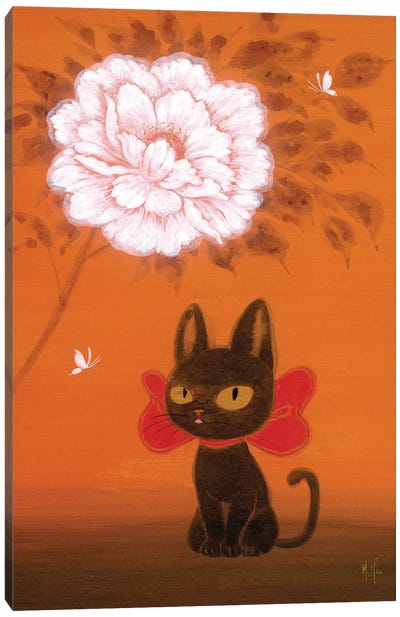 Black Kitty and Peony Canvas Art Print - Martin Hsu