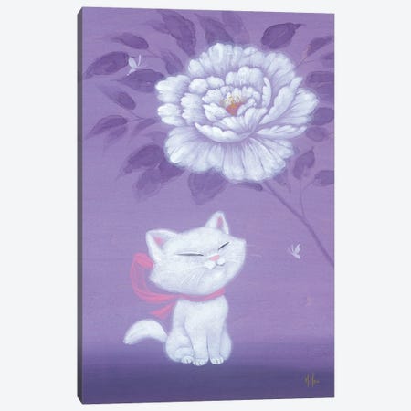 White Kitty and Peony Canvas Print #MHS166} by Martin Hsu Canvas Art Print