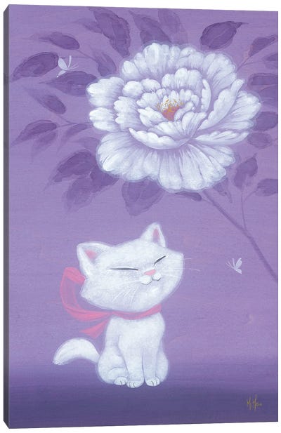 White Kitty and Peony Canvas Art Print - Kitten Art