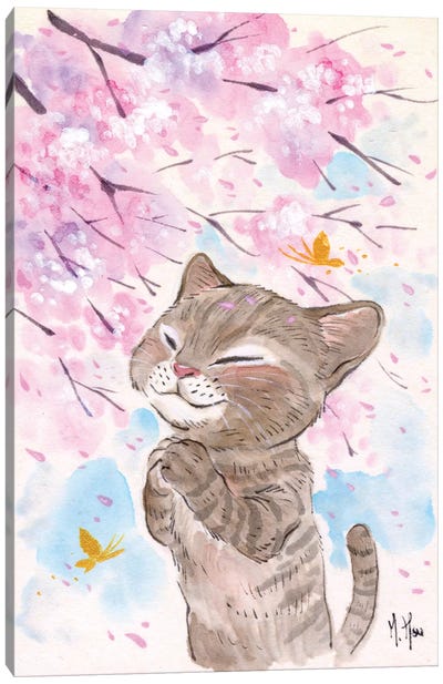 Cherry Blossom Wishes - Cat Canvas Art Print - Martin Hsu
