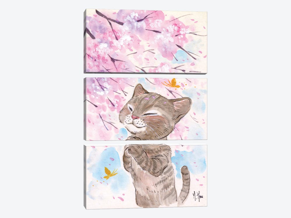 Cherry Blossom Wishes - Cat by Martin Hsu 3-piece Canvas Art