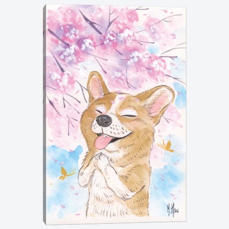 Cherry Blossom Wishes - Corgi Canvas Print #MHS17} by Martin Hsu Canvas Art