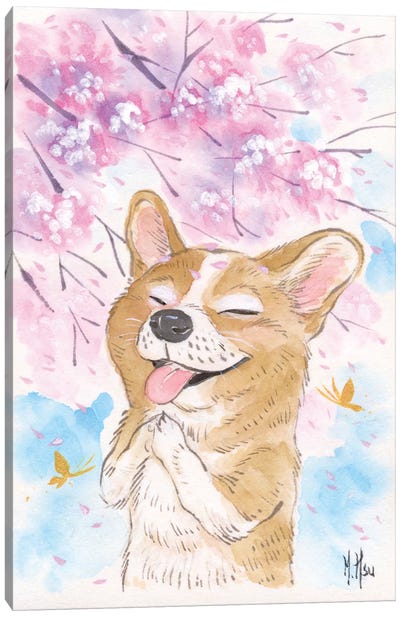 Cherry Blossom Wishes - Corgi Canvas Art Print - Corgi Art