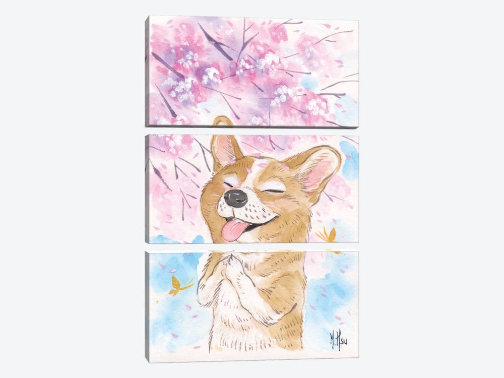 Cherry Blossom Wishes - Corgi by Martin Hsu 3-piece Canvas Print