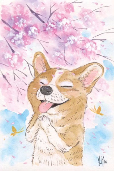 Martin Hsu: Cherry Blossom Wishes - Corgi by Martin Hsu