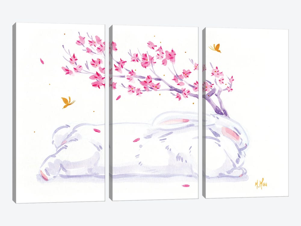 Cherry Blossom Jackalope Rabbit by Martin Hsu 3-piece Canvas Wall Art