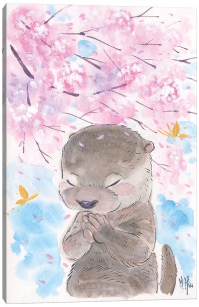 Cherry Blossom Wishes - Otter Canvas Art Print - Cherry Blossom Art