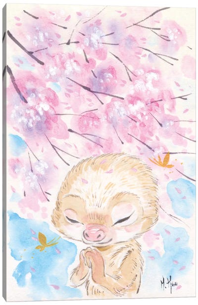 Cherry Blossom Wishes - Sloth Canvas Art Print - Cherry Blossom Art