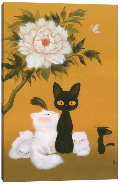 Cats and Peony  Canvas Art Print - Art by Asian Artists
