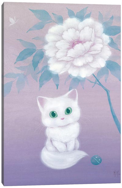 White Cat and Peony Canvas Art Print - Martin Hsu