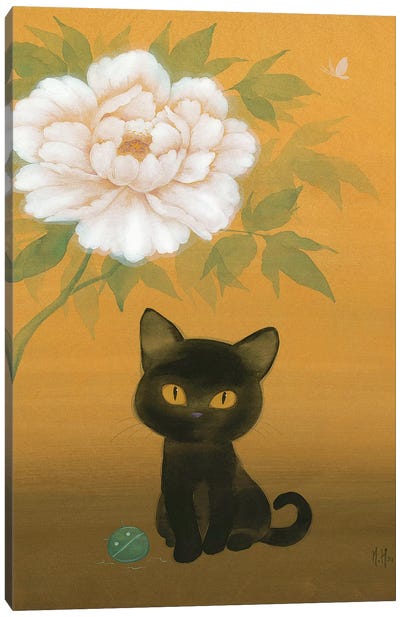 Black Cat and Peony Canvas Art Print - Peony Art
