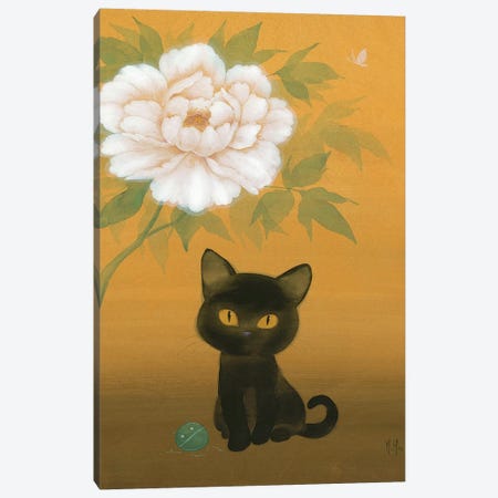 Black Cat and Peony Canvas Print #MHS39} by Martin Hsu Canvas Print