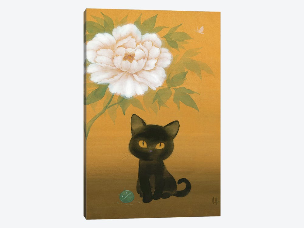 Black Cat and Peony by Martin Hsu 1-piece Canvas Print