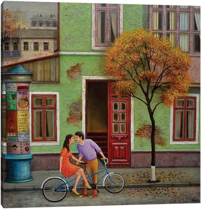 Blue Bicycle With Autumn Kisses Canvas Art Print - David Martiashvili