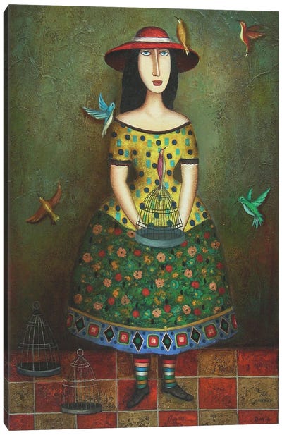 Girl With Birds Canvas Art Print - Historical Fashion Art