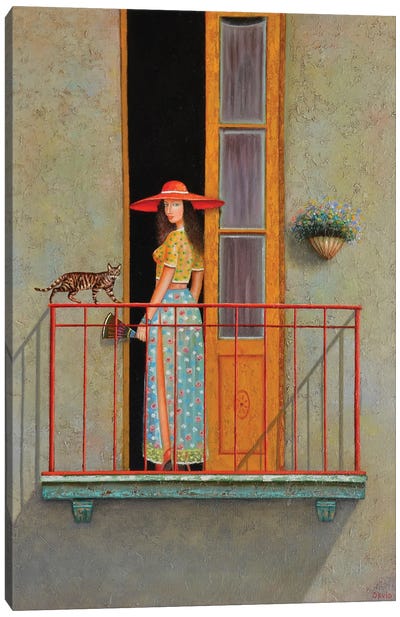 Girl On The Balcony Canvas Art Print - Door Art