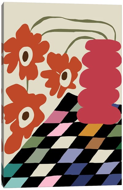 Color-Checkerboard With Dropping Flower Canvas Art Print - Gingham Patterns