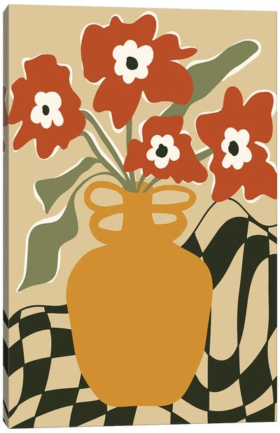Retro Checkered Flower Pot Canvas Art Print - Gingham Patterns