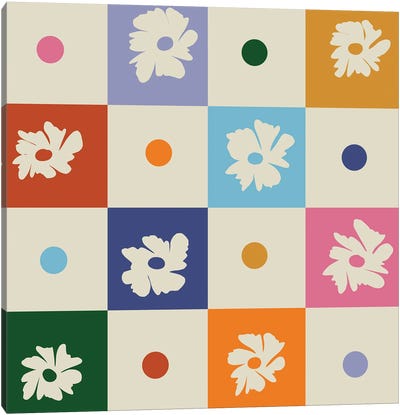 Retro Floral Checkerboard Canvas Art Print - Gingham Patterns