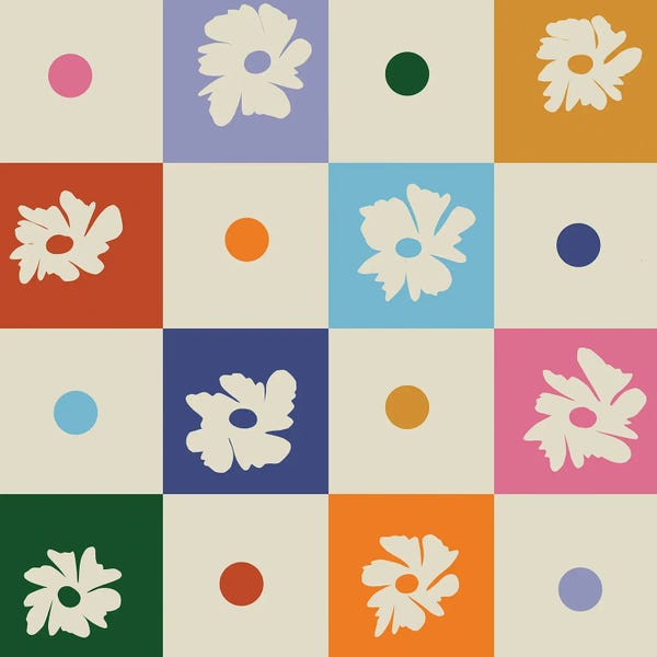 Gingham: Retro Floral Checkerboard by Miho Art Studio