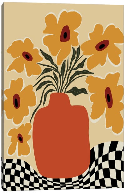 Summer Flowerpot With Check Canvas Art Print - Orange Art