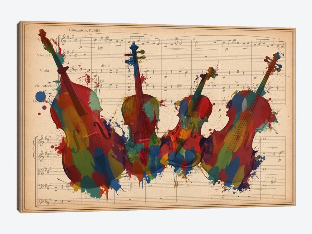 Multi-Color Orchestra Ensemble: Violin, Viola, Cello, Double Bass by Unknown Artist 1-piece Canvas Art