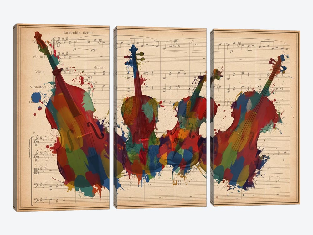 Multi-Color Orchestra Ensemble: Violin, Viola, Cello, Double Bass by Unknown Artist 3-piece Canvas Art