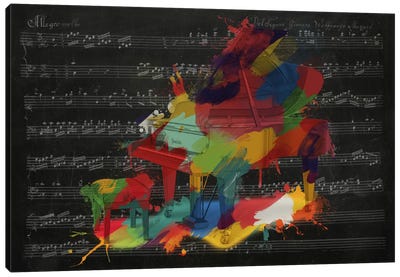Multi-Color Piano on Black Music Sheet #2 Canvas Art Print - Piano Art