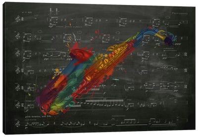 Multi-Color Saxophone on Black Music Sheet #2 Canvas Art Print - Music Instrument Collection