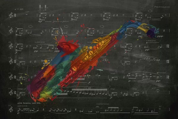 Jazz: Multi-Color Saxophone on Black Music Sheet #2 by Unknown Artist