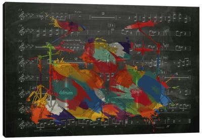 Multi-Color Drums on Black Music Sheet #2 Canvas Art Print - Music Instrument Collection