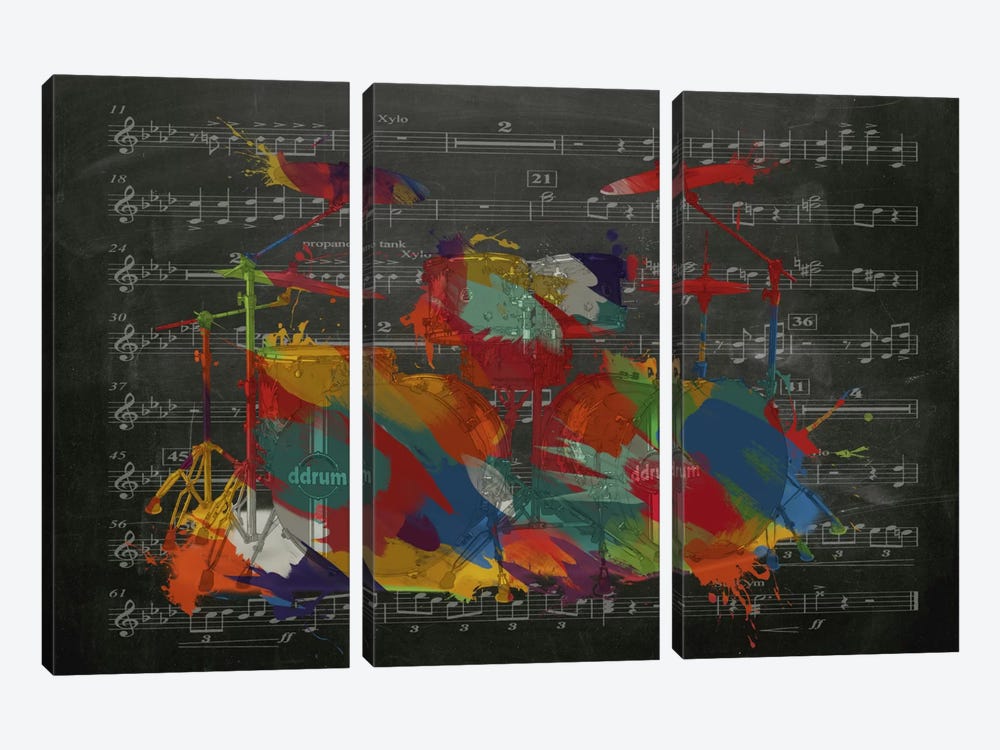 Multi-Color Drums on Black Music Sheet #2 3-piece Canvas Art Print