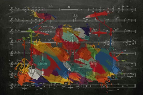 Music Notes: Multi-Color Drums on Black Music Sheet #2 by Unknown Artist