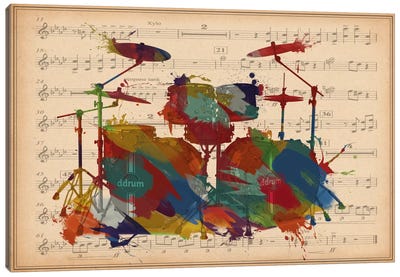 Multi-Color Drums on Music Sheet #2 Canvas Art Print - Musical Instrument Art